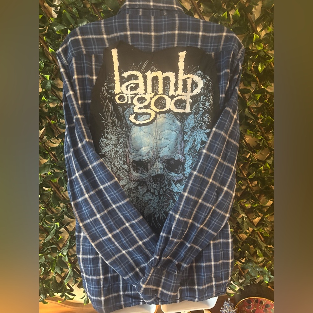 UPCYCLED one of a kind, LAMB OF GOD Rocker Music Patch Button Down Shirt